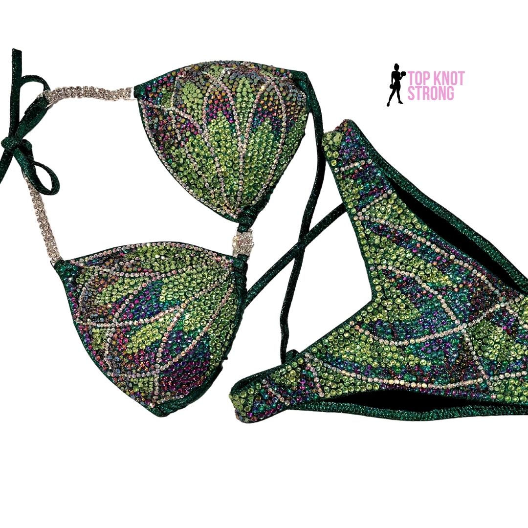 RTS: Emerald Green Floral Butterfly Figure Physique Bodybuilding Crystal Competition Suit