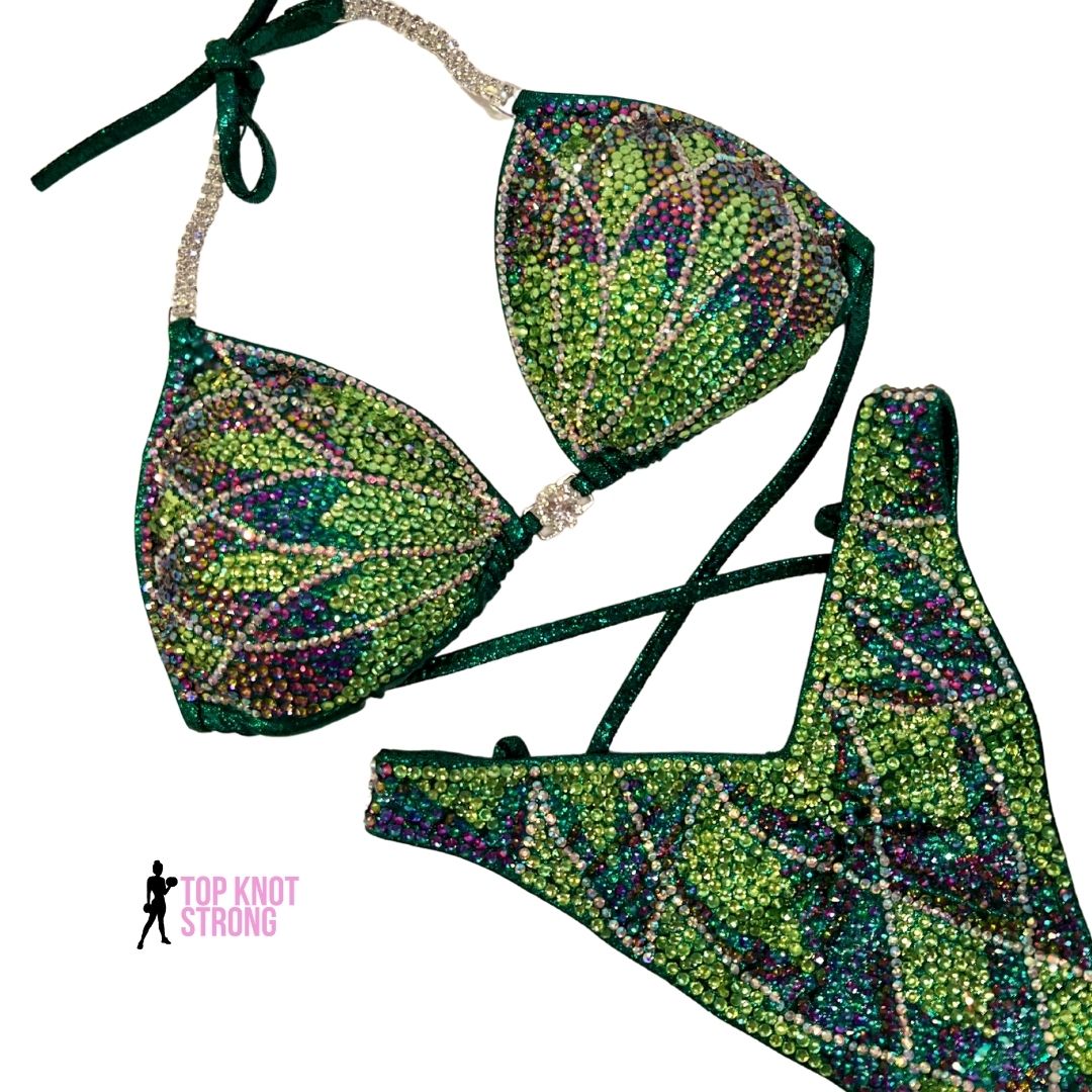 RTS: Emerald Green Floral Butterfly Figure Physique Bodybuilding Crystal Competition Suit