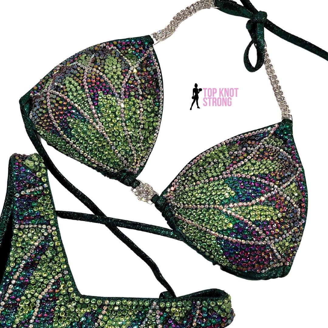 Emerald Green Floral Butterfly Figure Physique Bodybuilding Crystal Competition Suit