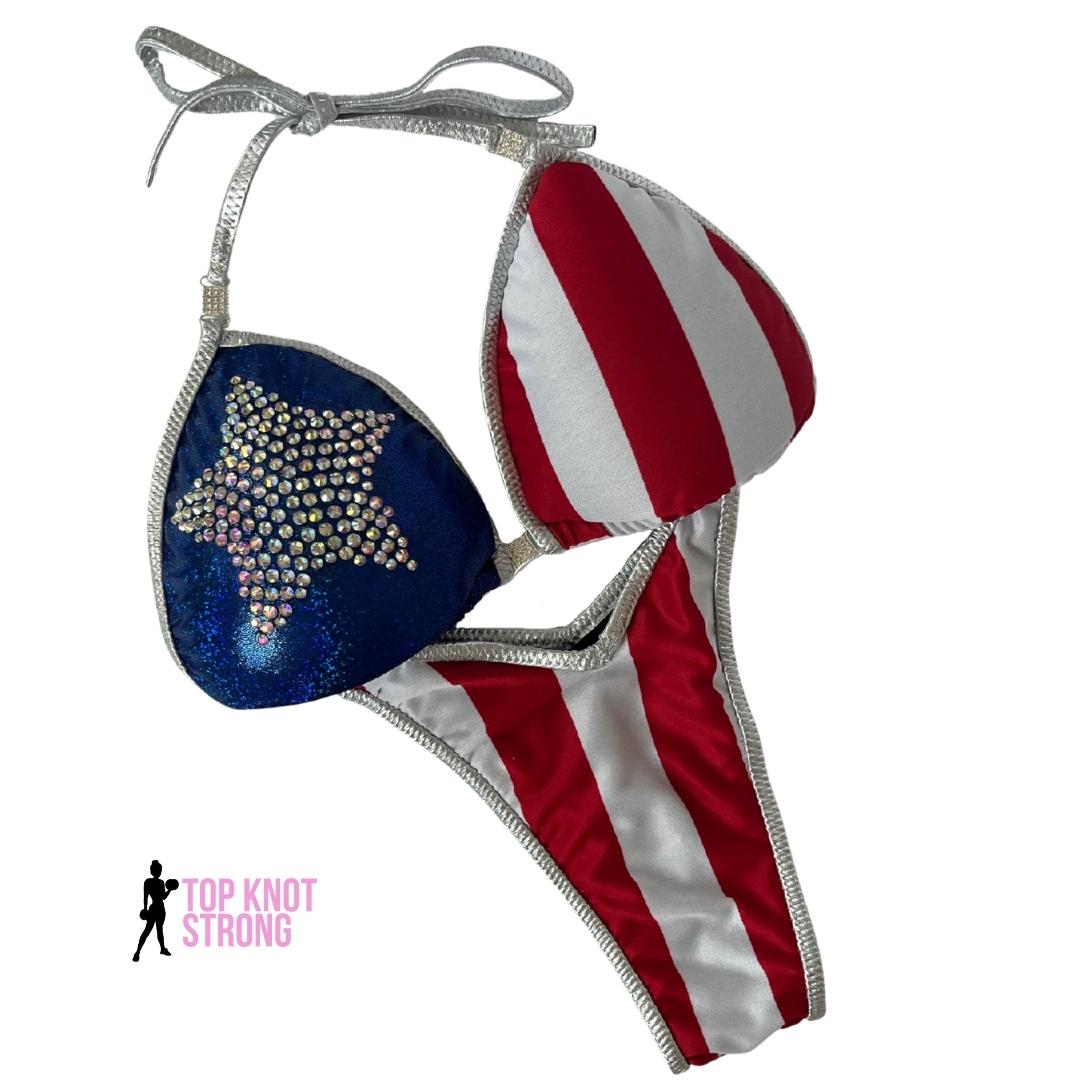 Red White and Blue Figure Physique Competition Posing Suit