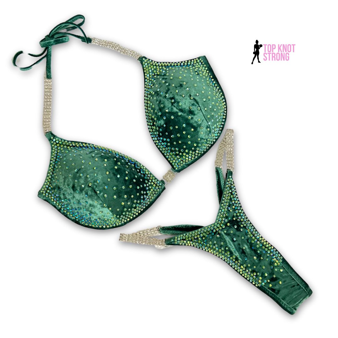 Frosted Velvet Green Crystal Wellness Competition Suit