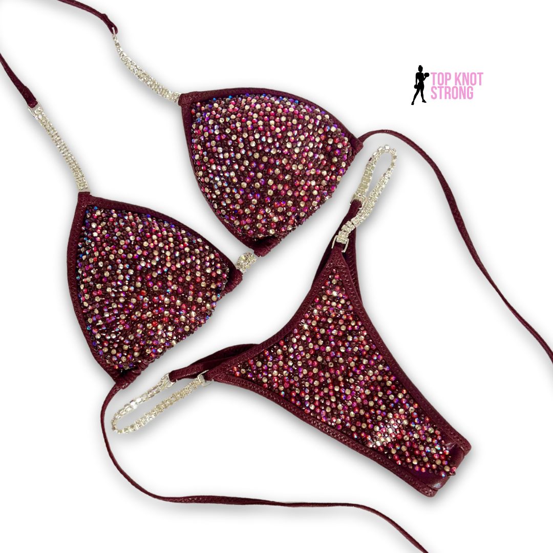 Sparkling Merlot Burgundy Red Crystal Bikini Competition Suit