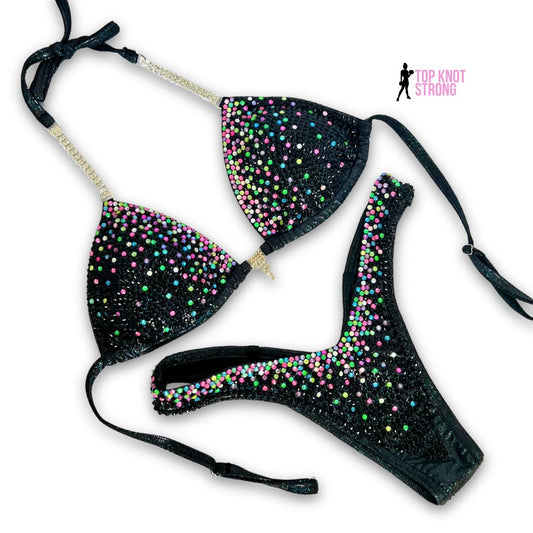 Neon Aurora Black Crystal Figure Physique Competition Suit