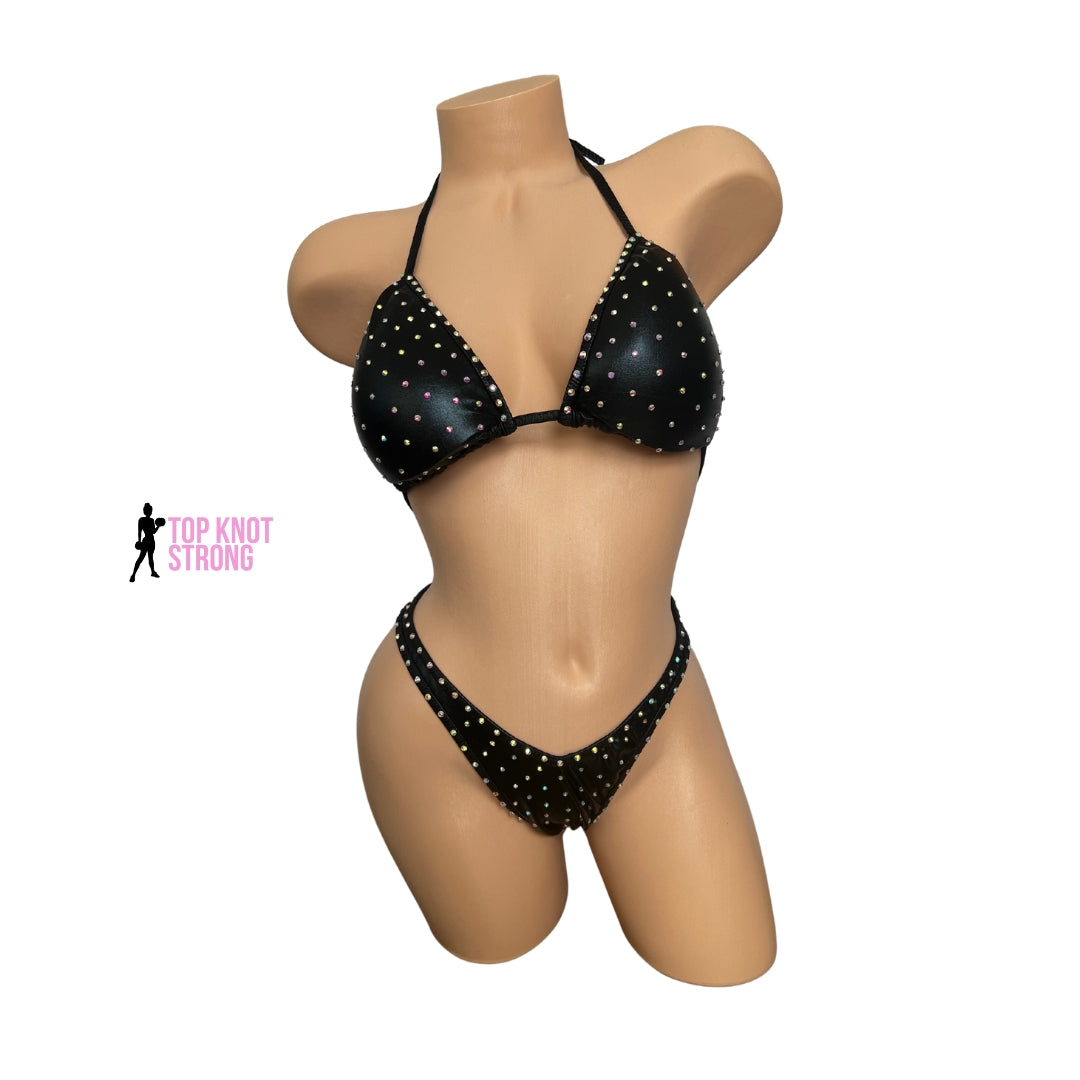 Wet Black Figure Physique Posing Suit with Crystals