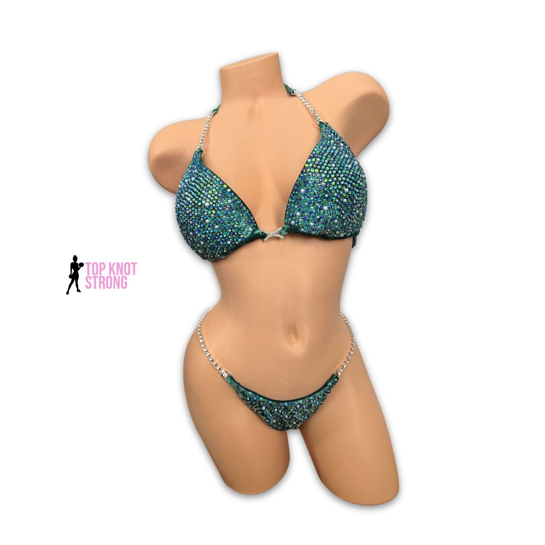 Serpentine Green Velvet Crystal Bikini Competition Suit