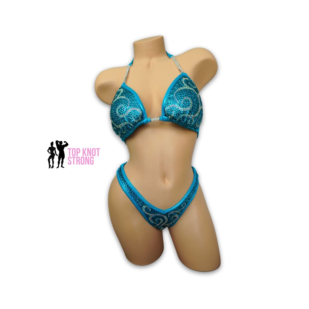Enchanted Swirls Aqua Blue Figure Physique Bodybuilding Competition Suit