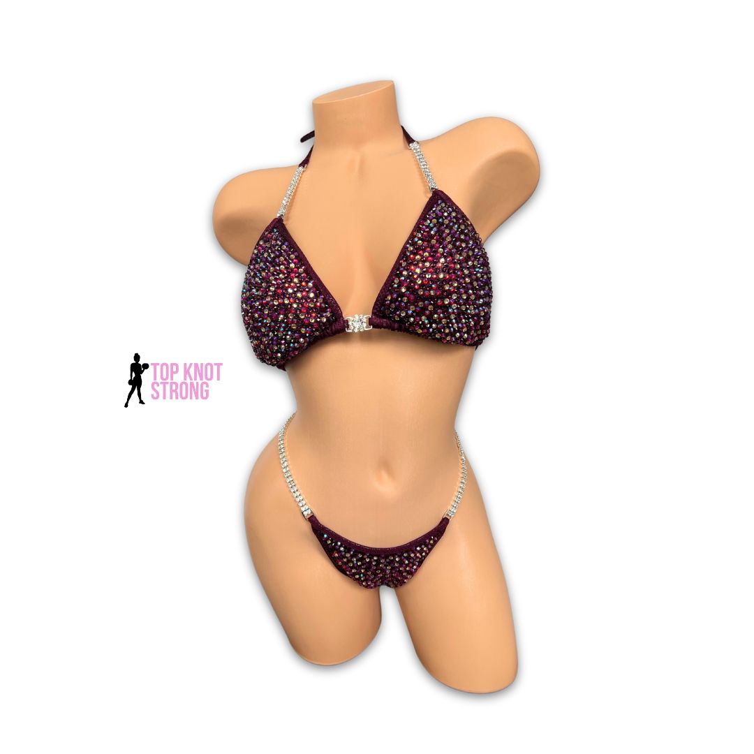 Sparkling Merlot Burgundy Red Crystal Bikini Competition Suit