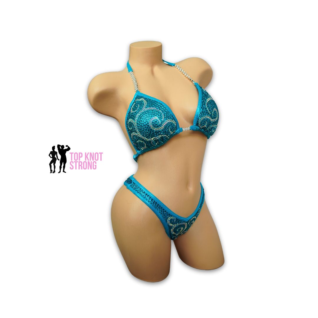 Enchanted Swirls Aqua Blue Figure Physique Bodybuilding Competition Suit