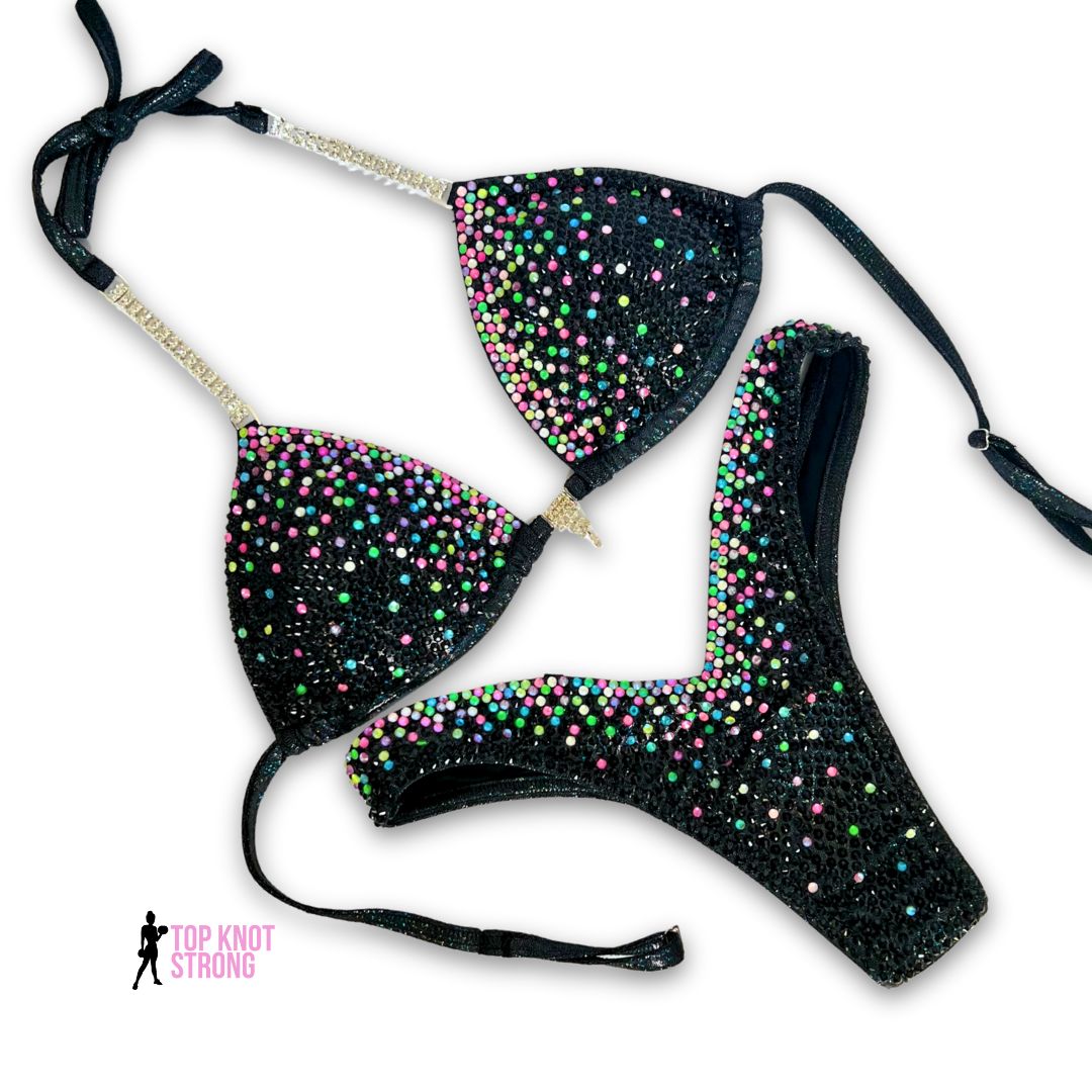 Neon Aurora Black Crystal Figure Physique Competition Suit