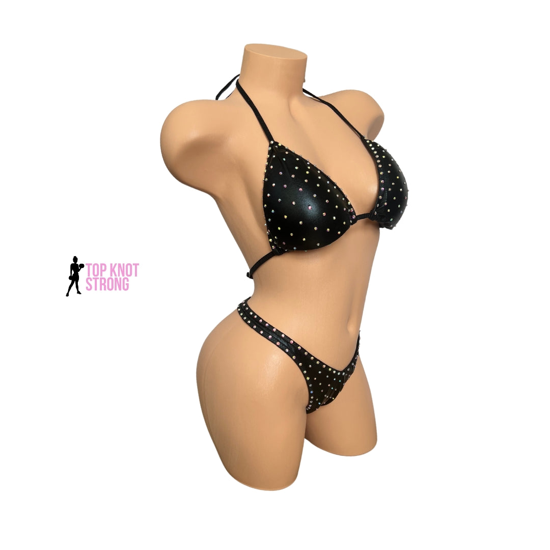 Wet Black Figure Physique Posing Suit with Crystals