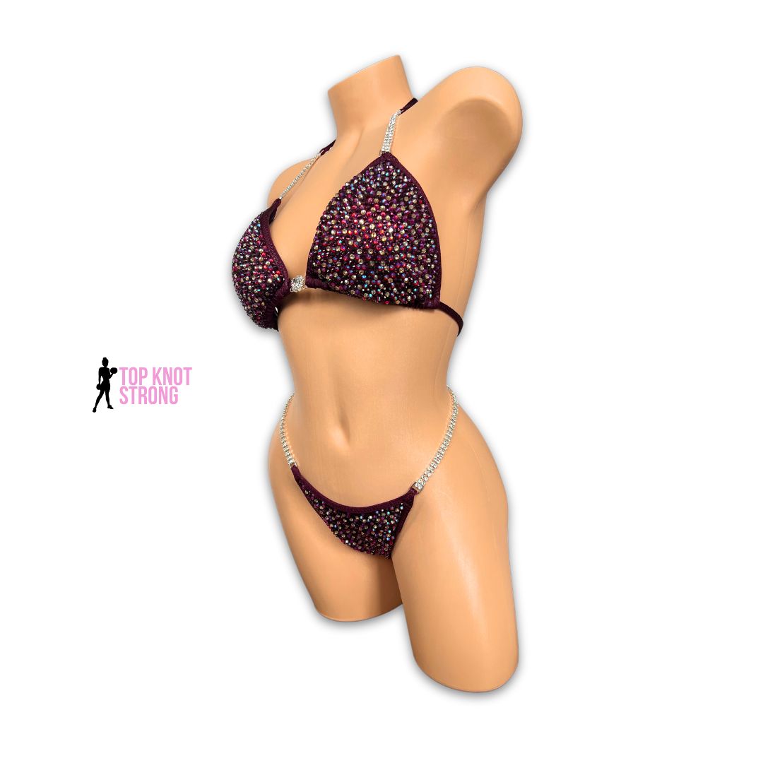 Sparkling Merlot Burgundy Red Crystal Bikini Competition Suit