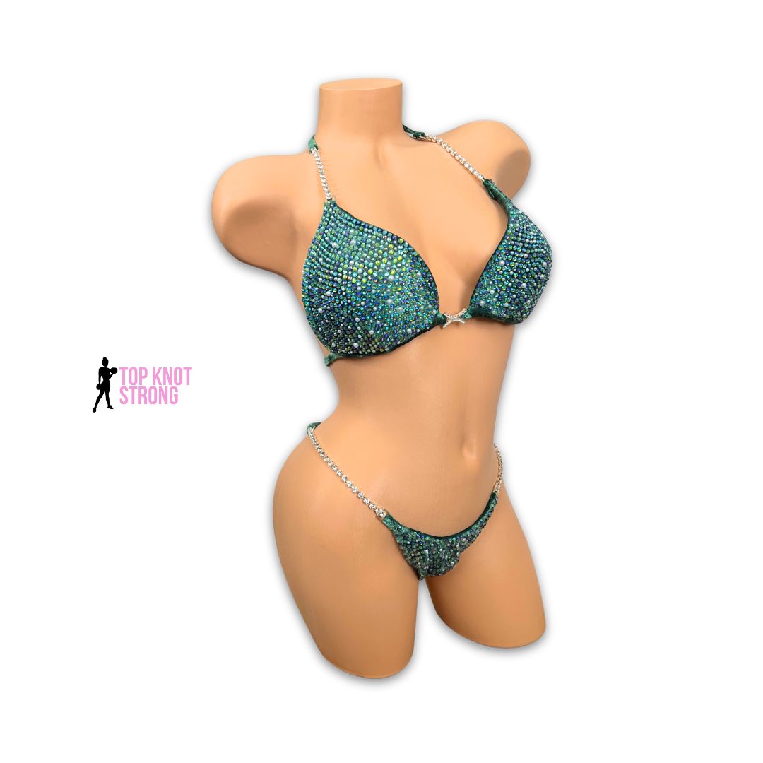 Serpentine Green Velvet Crystal Bikini Competition Suit