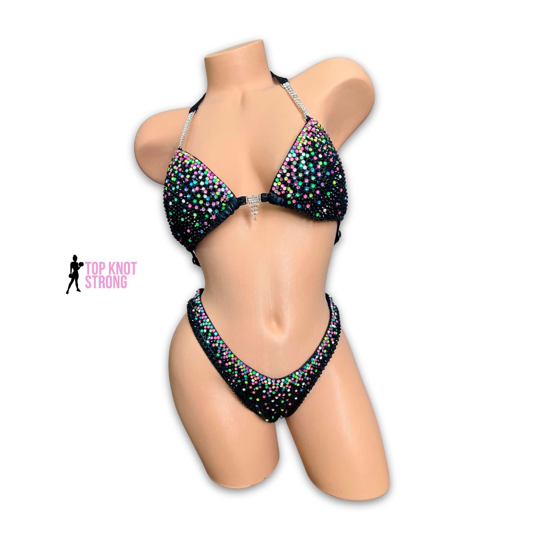 Neon Aurora Black Crystal Figure Physique Competition Suit