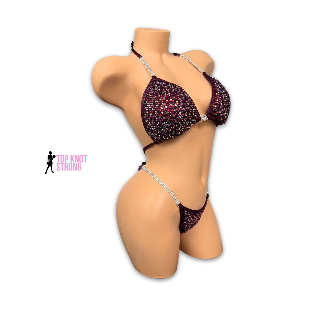 Sparkling Merlot Burgundy Red Crystal Bikini Competition Suit