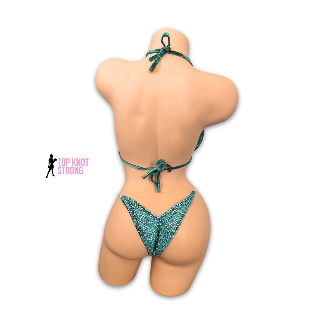 Serpentine Green Velvet Crystal Bikini Competition Suit