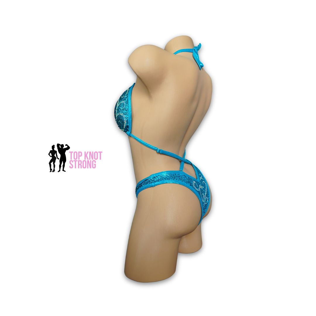 Enchanted Swirls Aqua Blue Figure Physique Bodybuilding Competition Suit