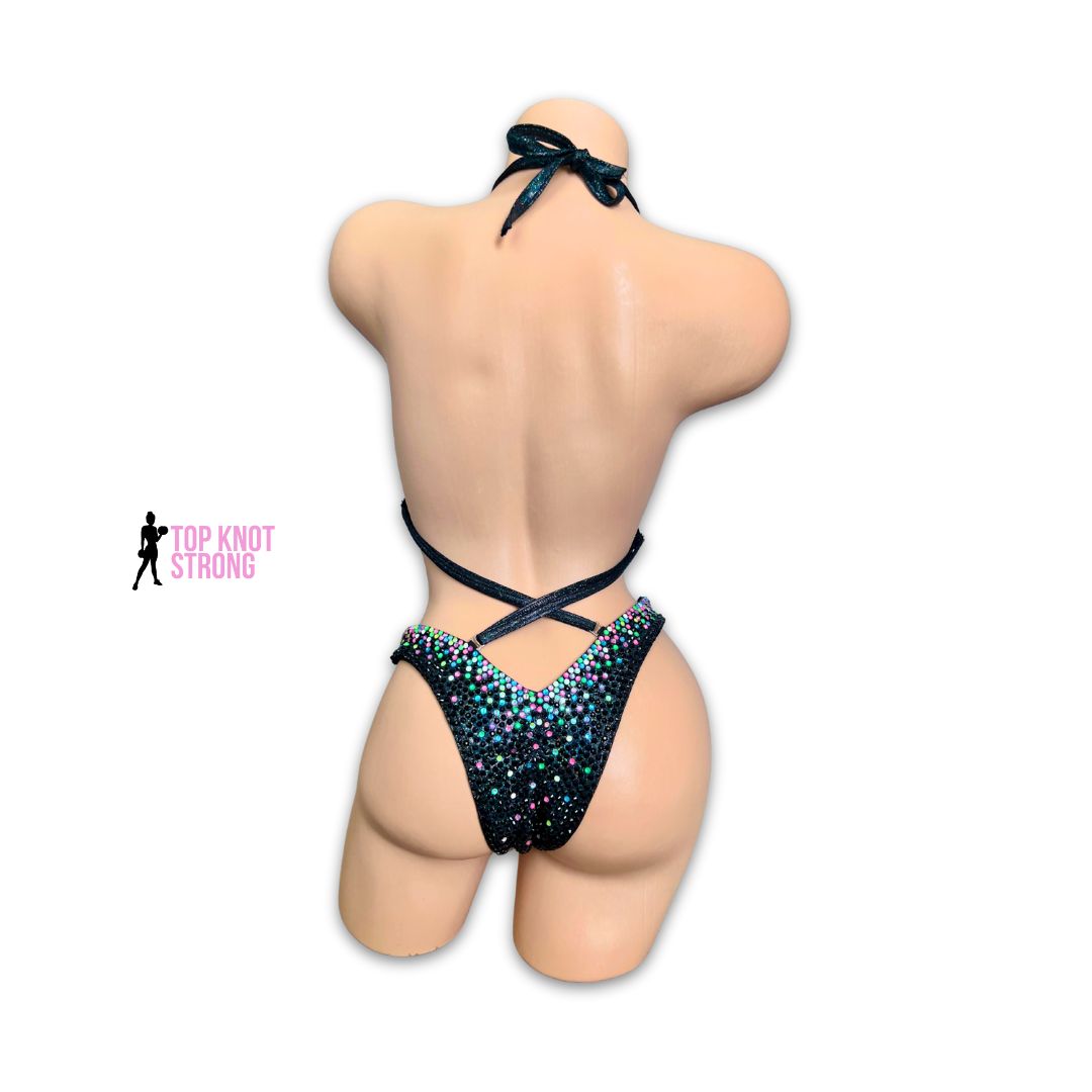 Neon Aurora Black Crystal Figure Physique Competition Suit