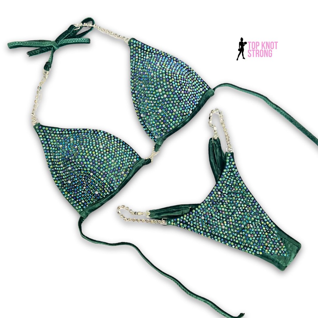 Serpentine Green Velvet Crystal Bikini Competition Suit