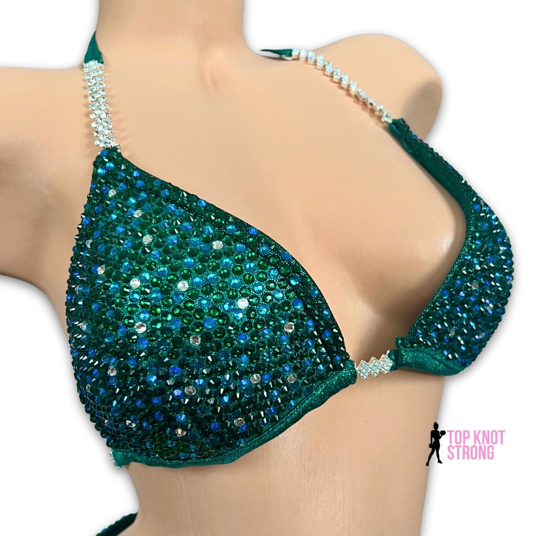 Emerald Green Dragon Bikini Bodybuilding Crystal Competition Suit
