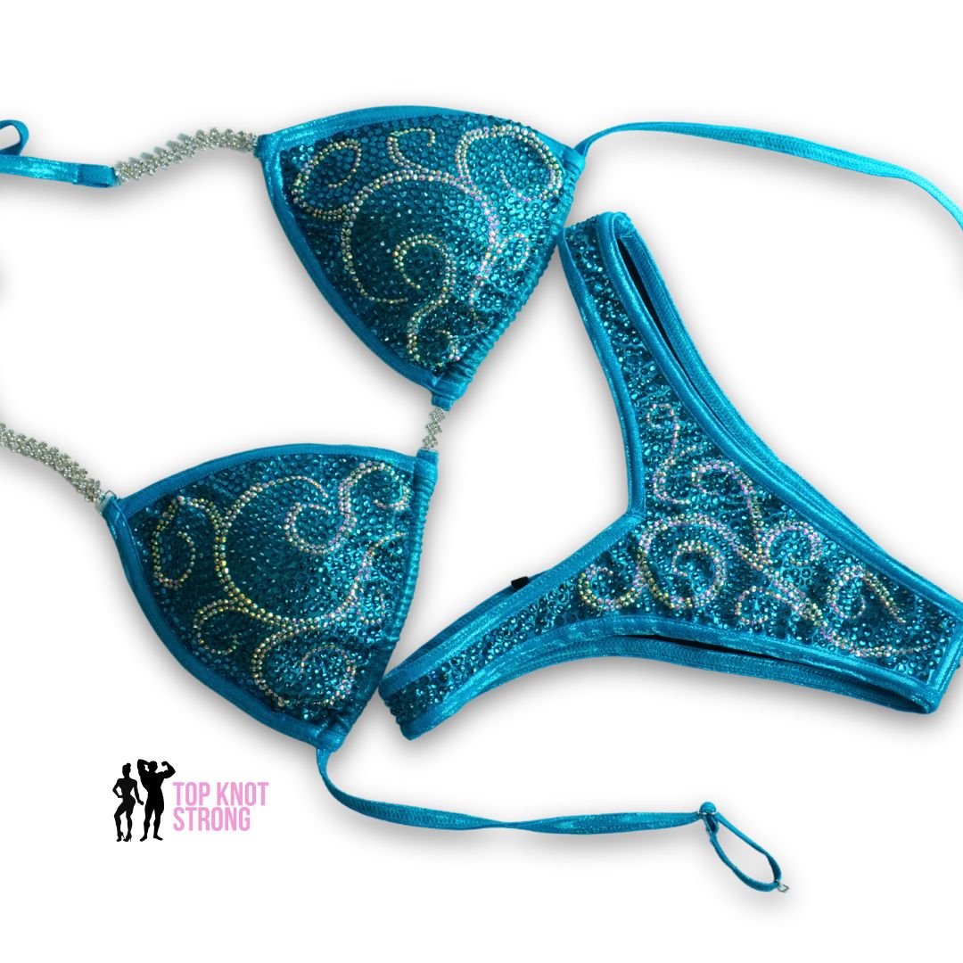 Enchanted Swirls Aqua Blue Figure Physique Bodybuilding Competition Suit