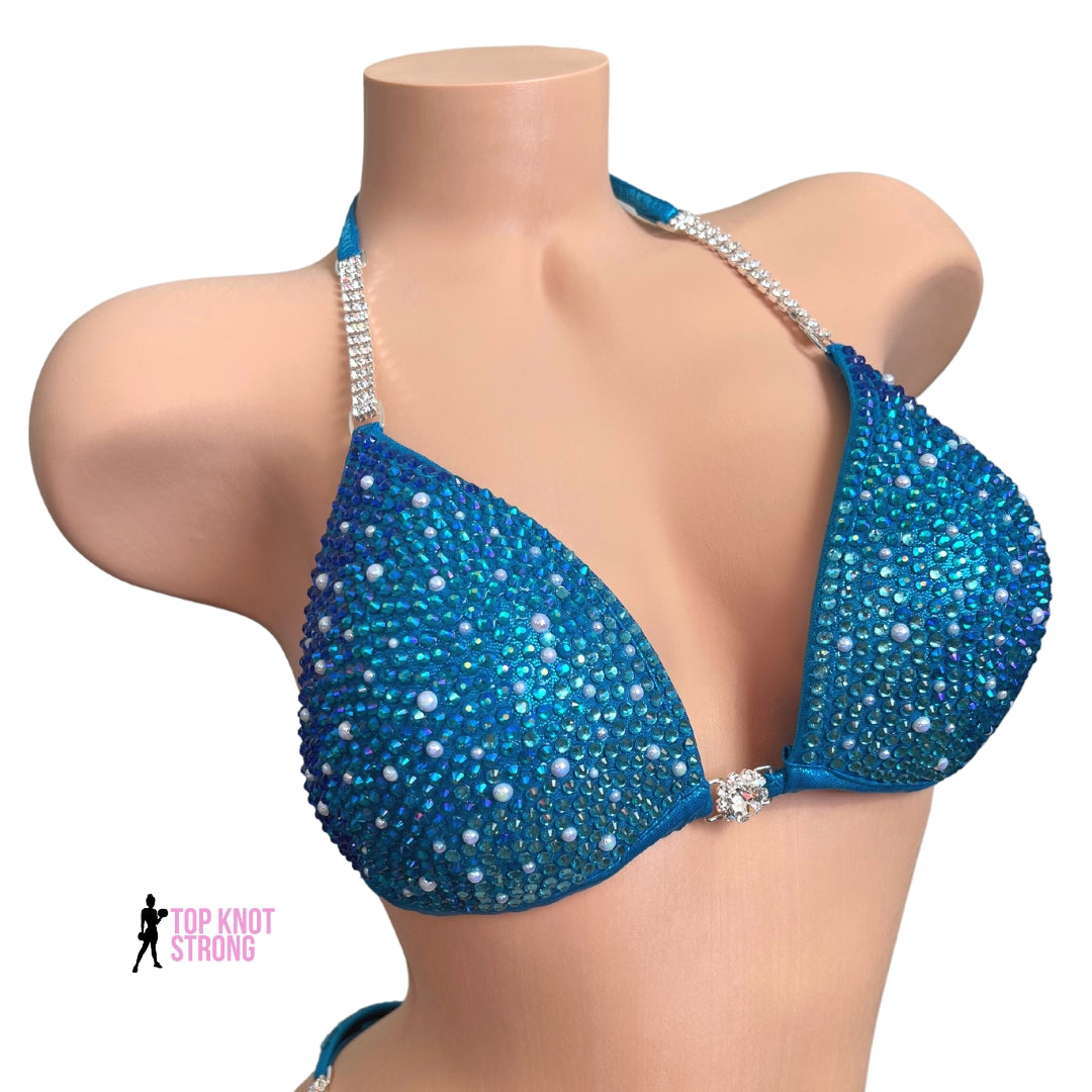 Aqua Blue Under the Sea Crystal and Pearl Bikini Competition Suit