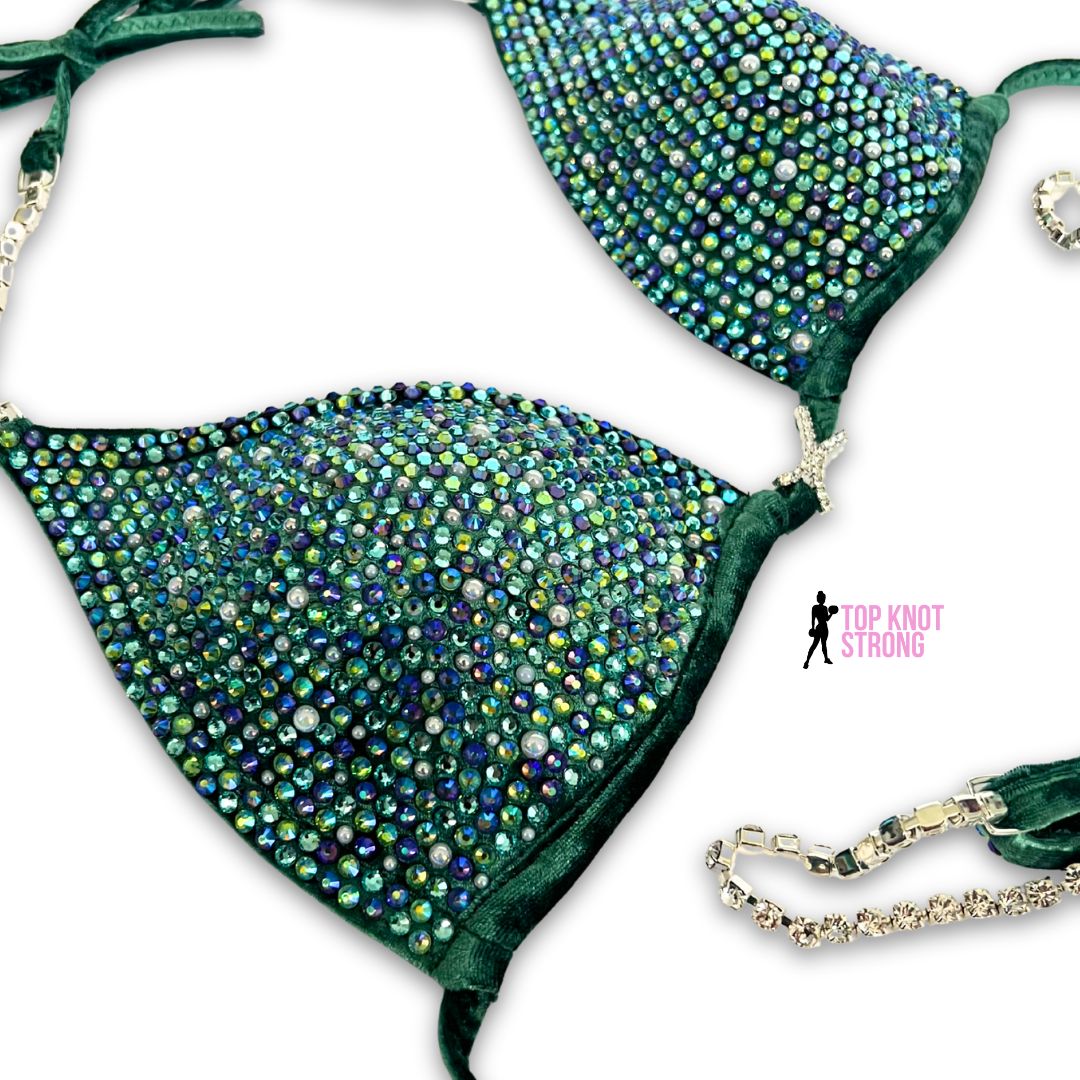 Serpentine Green Velvet Crystal Bikini Competition Suit