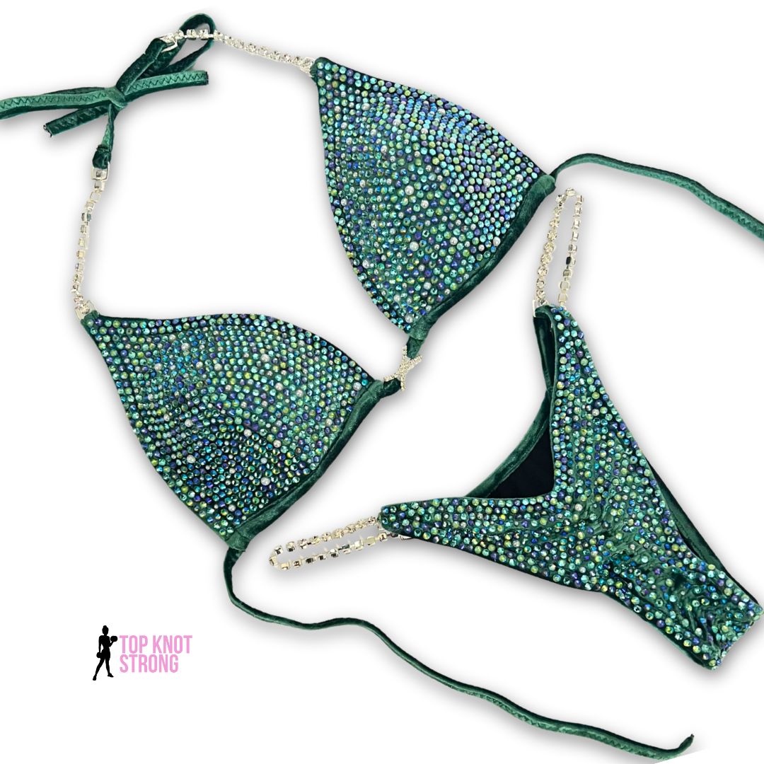 Serpentine Green Velvet Crystal Bikini Competition Suit