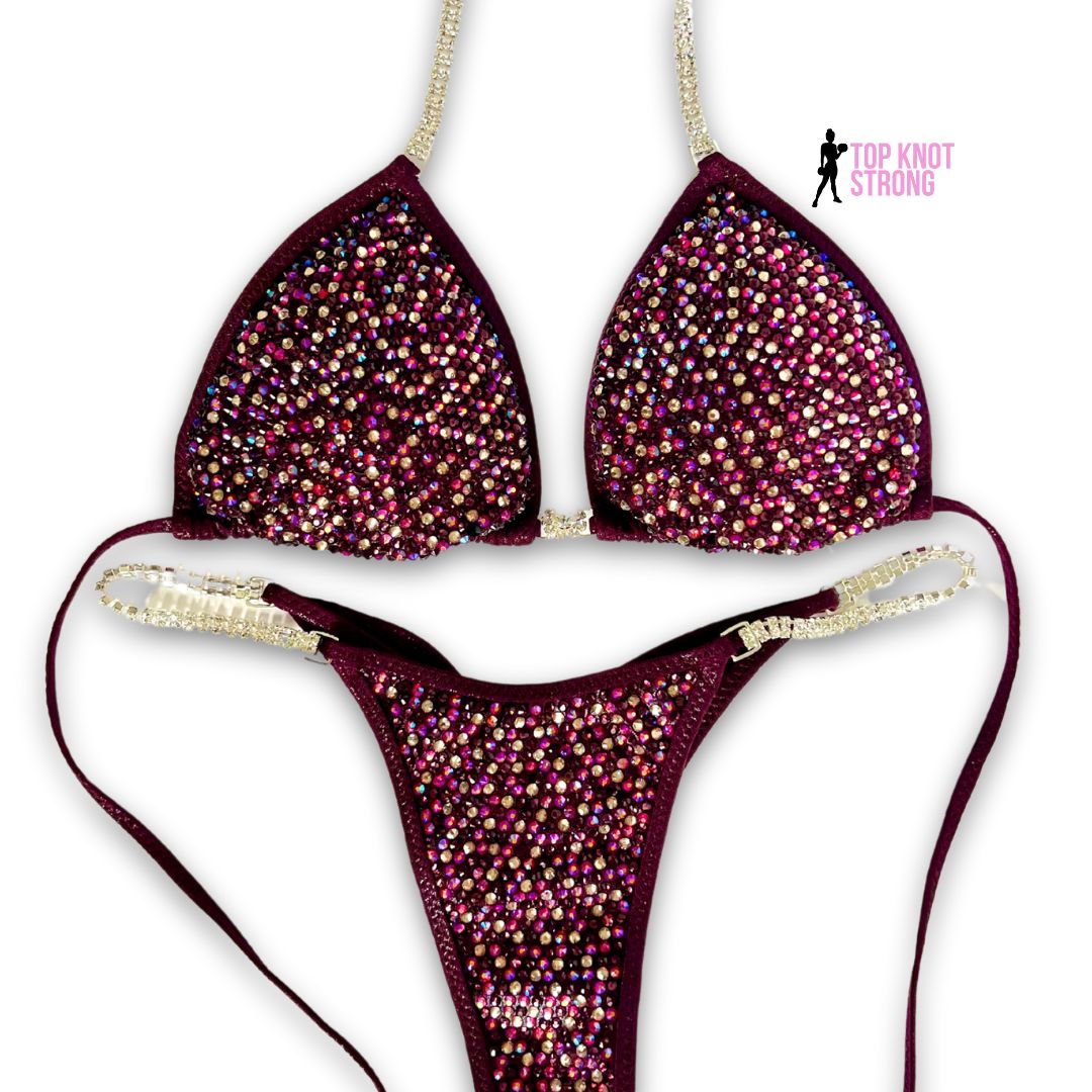 Sparkling Merlot Burgundy Red Crystal Bikini Competition Suit