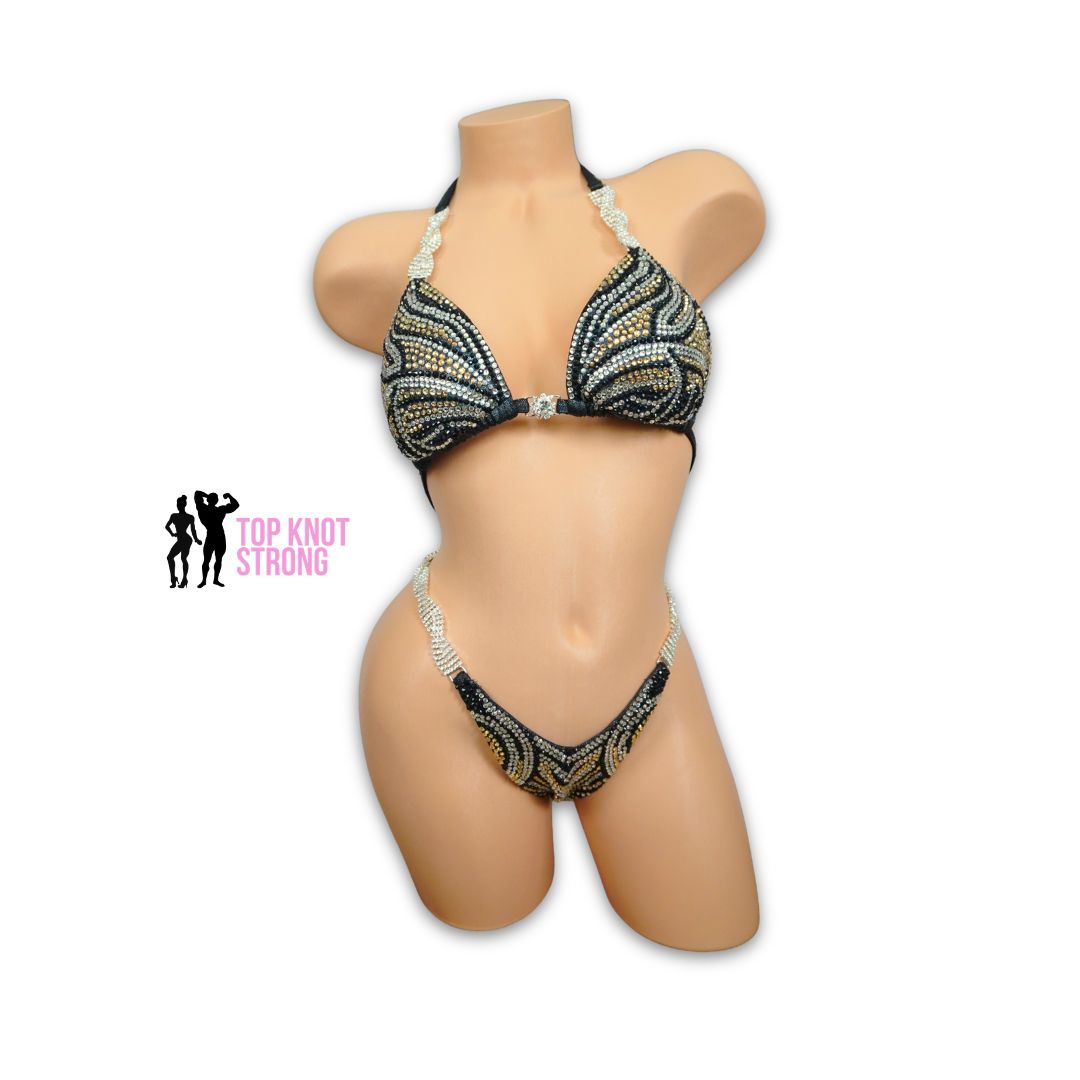 Golden Temptress Black Figure Physique Bodybuilding Competition Suit
