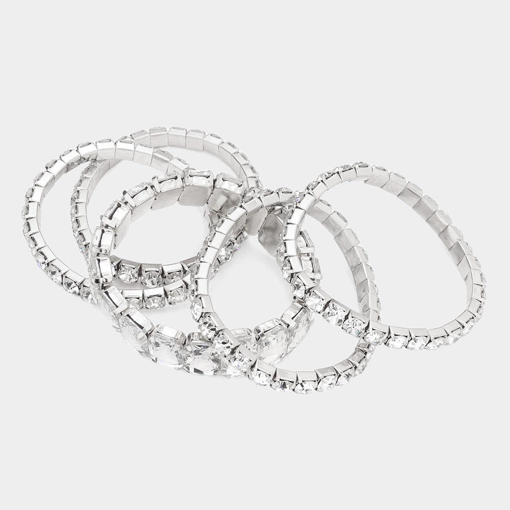 5 Pieces - Emerald Cut Round Stone Stretch Bikini Competition Bracelets