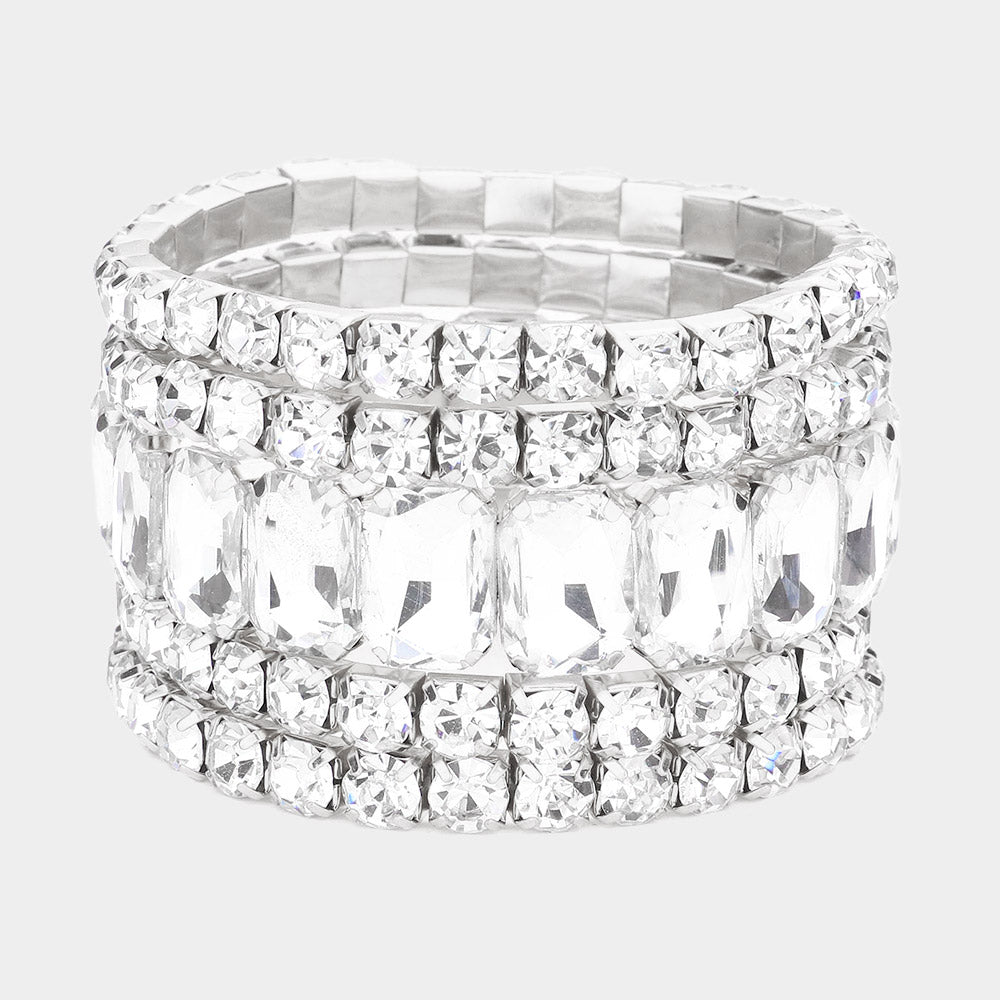 5 Pieces - Emerald Cut Round Stone Stretch Bikini Competition Bracelets