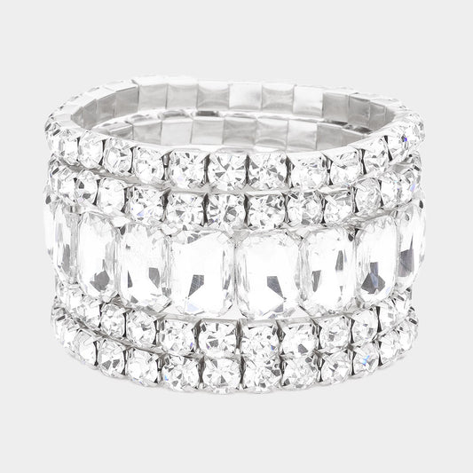 5 Pieces - Emerald Cut Round Stone Stretch Bikini Competition Bracelets