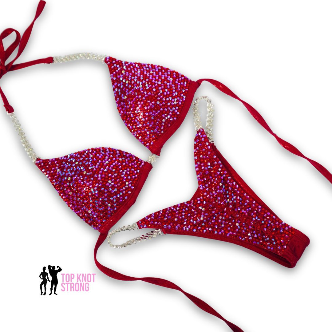 Radiant Scarlet Red Crystal Bikini Competition Suit
