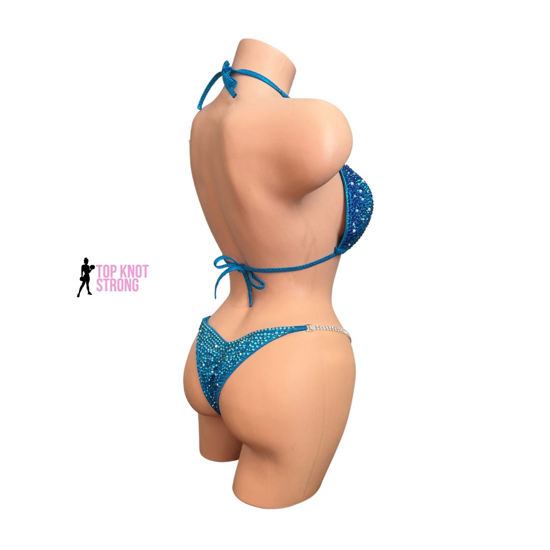 Aqua Blue Under the Sea Crystal and Pearl Bikini Competition Suit