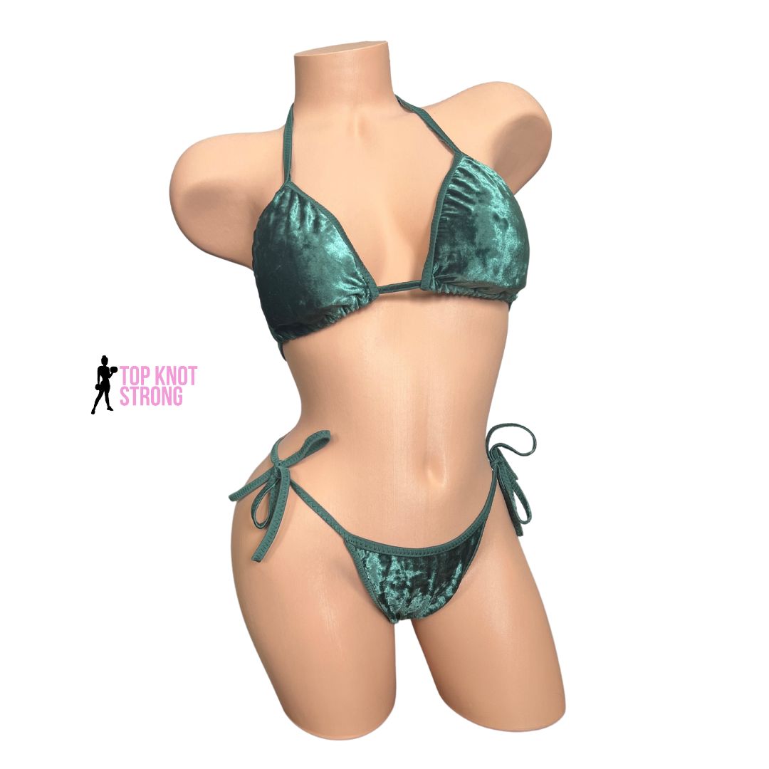 Olive Green Velvet Bikini Competition Posing Practice Suit