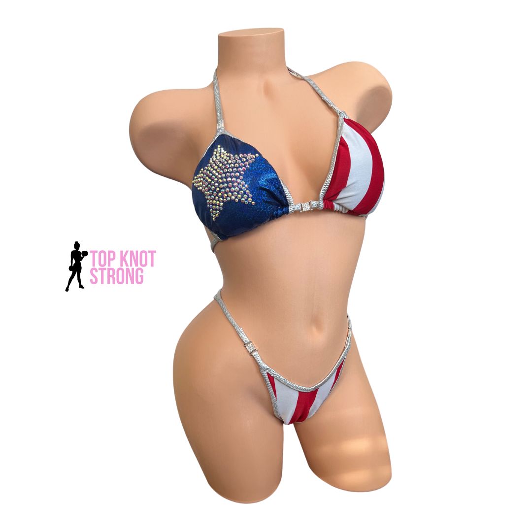 RTS: Red White and Blue American Figure Physique Posing Practice Suit | C cup | Extra Small Pro