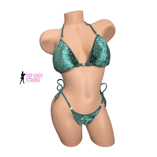 Olive Green Velvet Bikini Practice Posing Suit with Crystals and Connectors