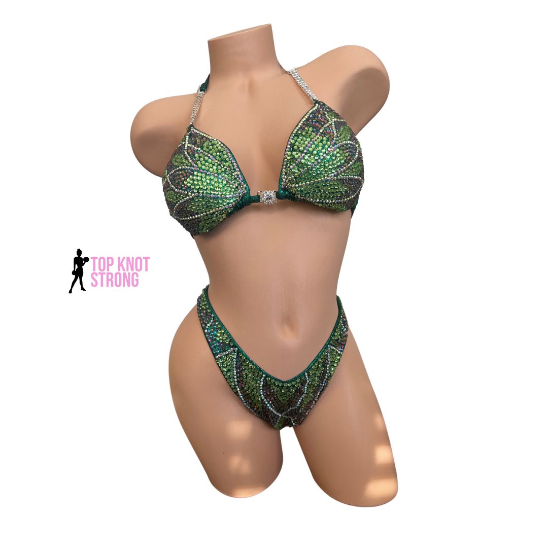 Emerald Green Floral Butterfly Figure Physique Bodybuilding Crystal Competition Suit