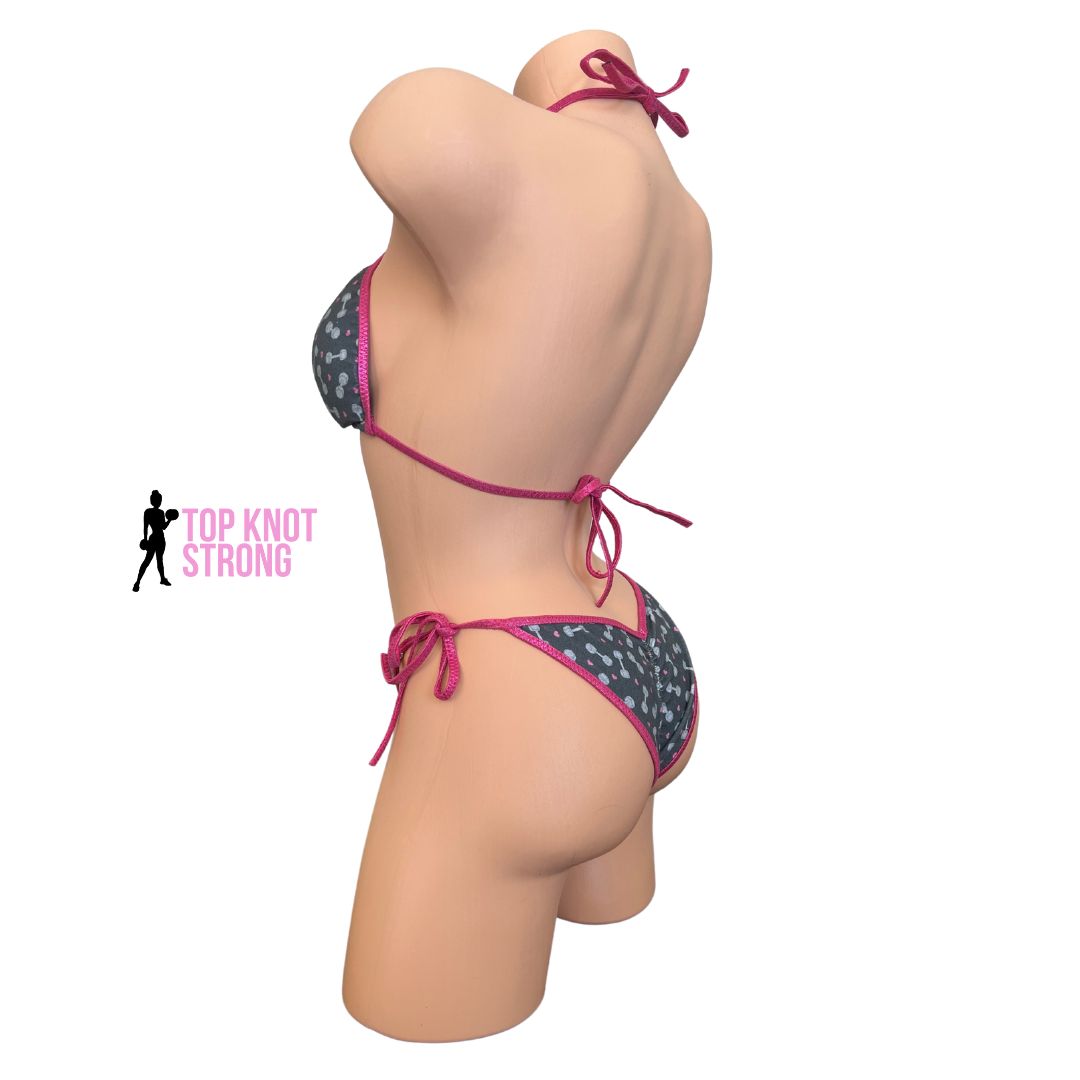 RTS: SIGNATURE Dumbbell Print Pink Bikini Competition Posing Practice Suit | C cup | Medium Brazilian