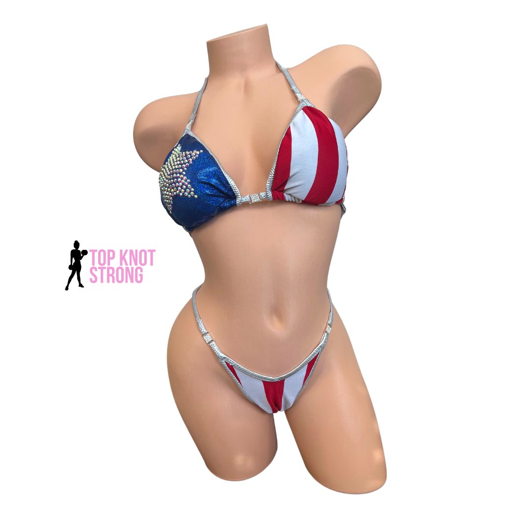 RTS: Red White and Blue American Figure Physique Posing Practice Suit | C cup | Extra Small Pro