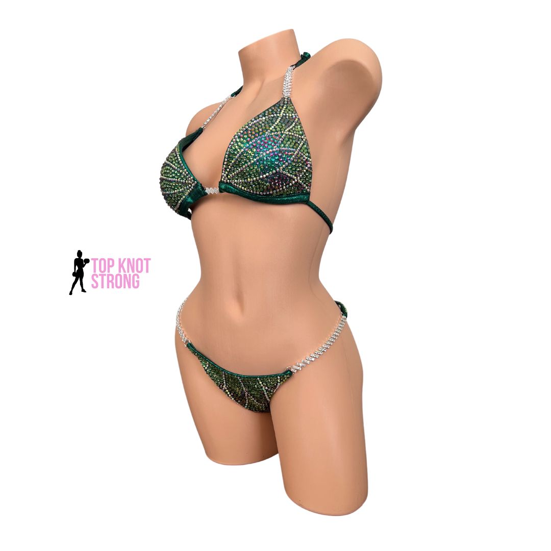 Emerald Green Floral Butterfly Bikini Bodybuilding Crystal Competition Suit
