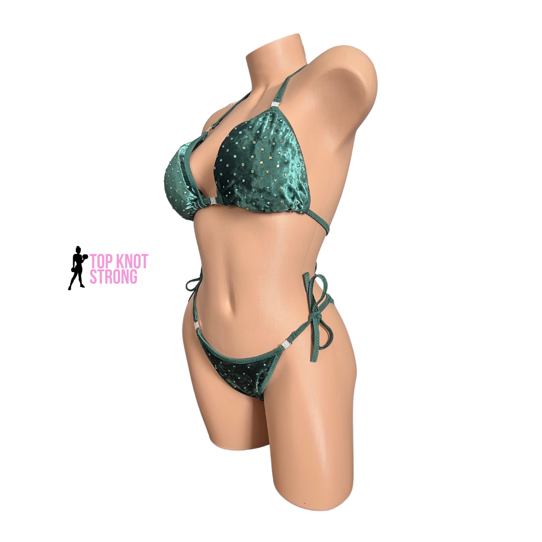 Olive Green Velvet Bikini Practice Posing Suit with Crystals and Connectors