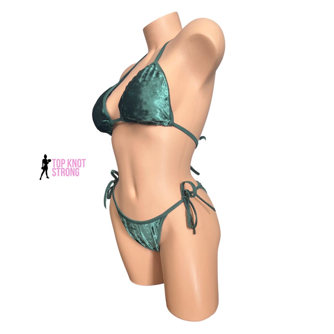 Olive Green Velvet Bikini Competition Posing Practice Suit