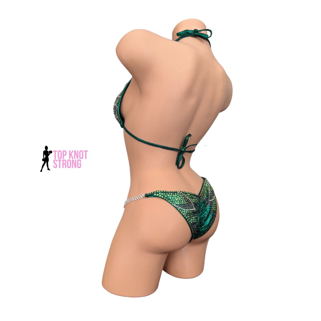 Emerald Green Floral Butterfly Bikini Bodybuilding Crystal Competition Suit