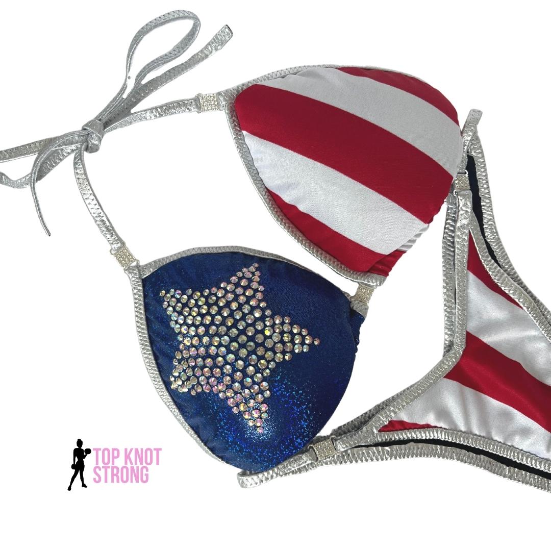 Red White and Blue Figure Physique Competition Posing Suit