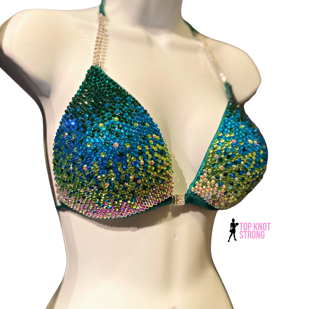 Emerald Green with Blue Ombre Crystal Bikini Competition Suit