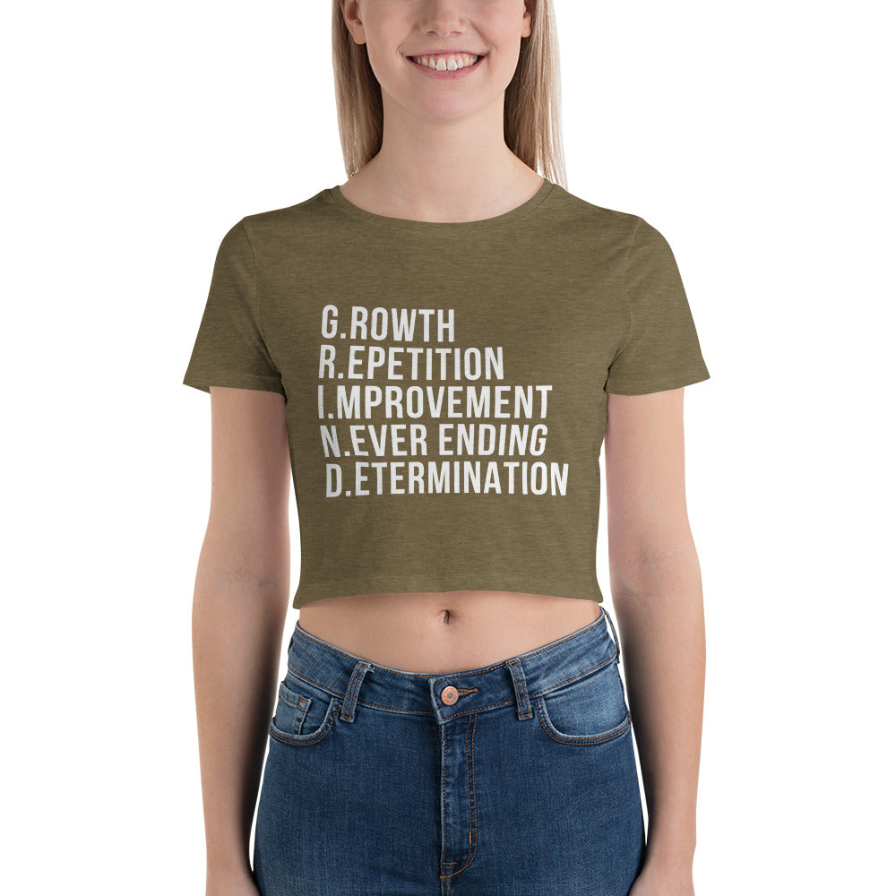 Growth Repetition Improvement Never Ending Determination Women’s Crop Tee | Gym Workout Shirt